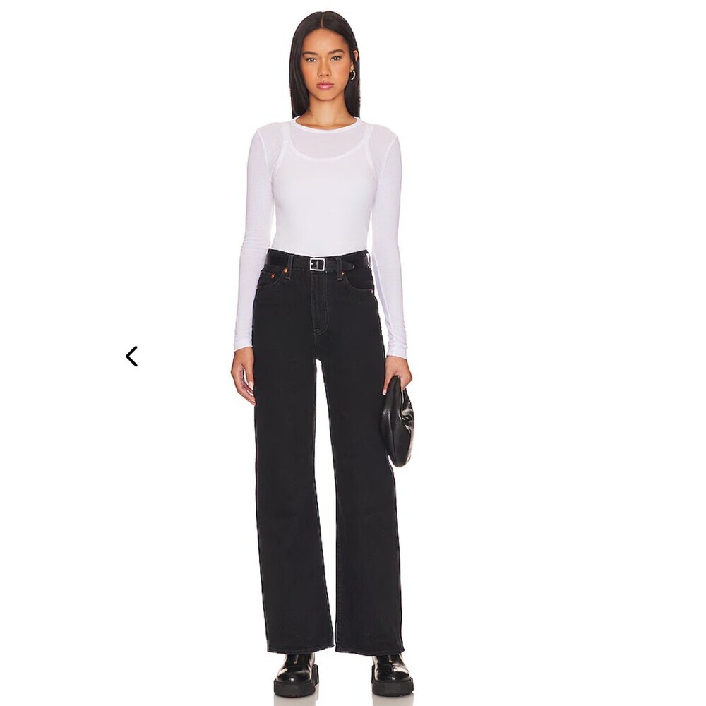 Levi's Ribcage Wide Leg Jeans in Rosie Posie Black Raw Hem Size 32 X 30